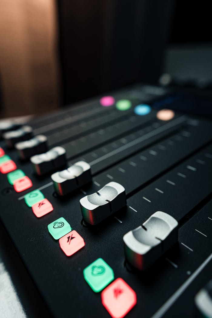 Home Close-up of a professional audio mixing console with sliders and illuminated control buttons.
